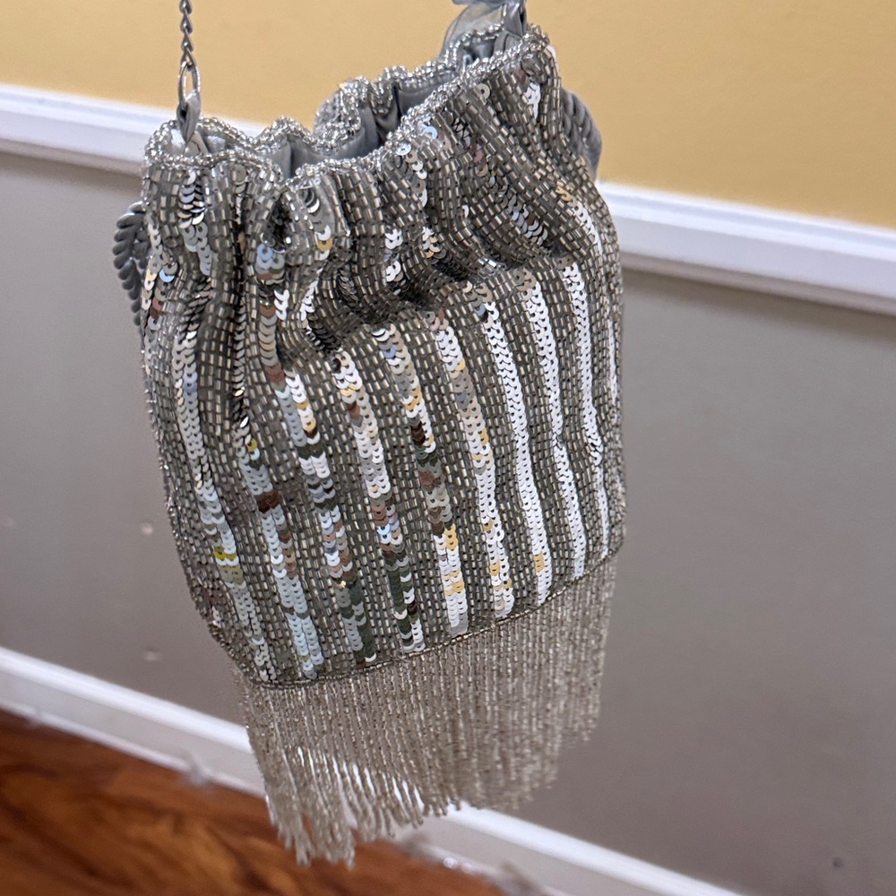 Silver Sequin Fringe Evening Bag
